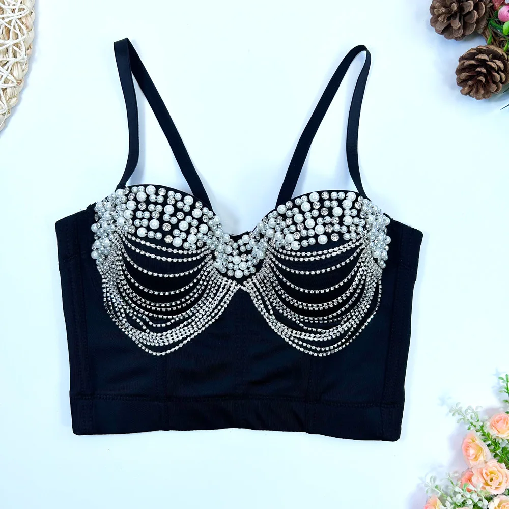 

Structured Corset Bustier Top with Beaded Rhinestones & Fringe – Padded Underwire Push-Up Bra, Fashion Outerwear Crop Top