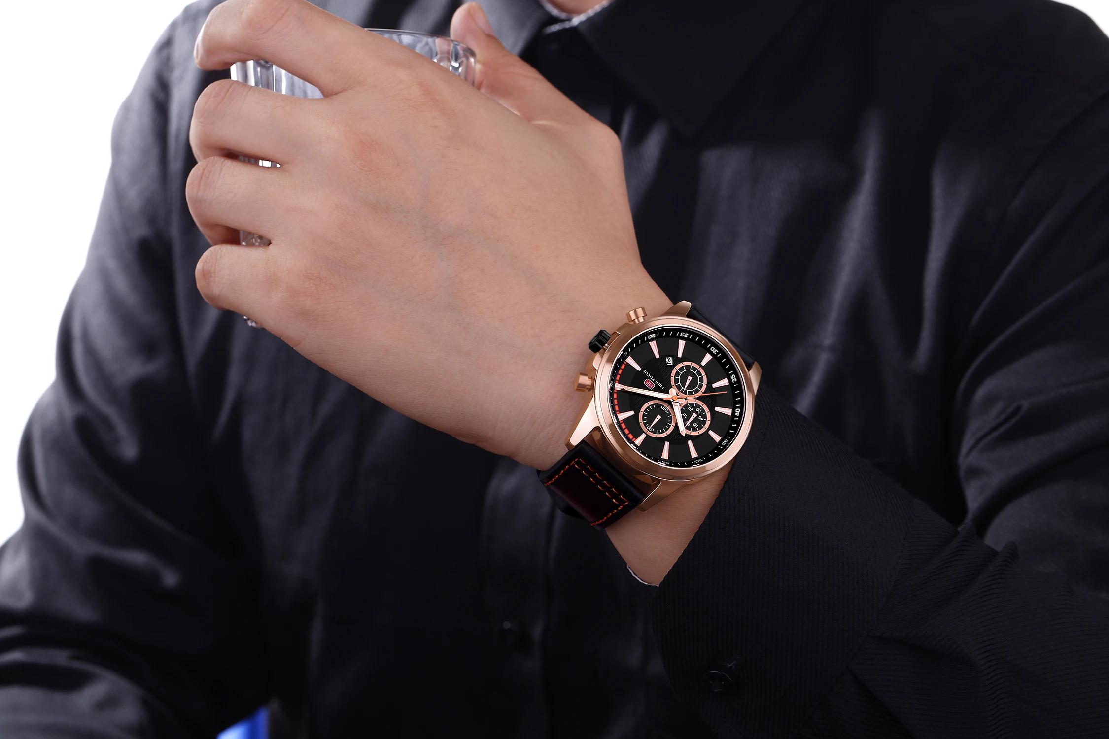 Mini Focus MF0129G Men Sports Watch Genuine Leather Strap Waterproof Luminous Chronograph Calendar Quartz Watches