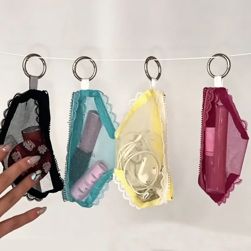 Pochette de rangement transparente en maille avec fermeture éclair pour maquillage, écouteurs, cosmétiques et bijoux, avec bordure en dentelle, pour femme