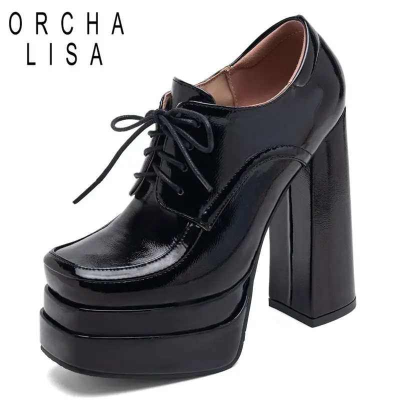 

ORCHA LISA Сексуальные женские туфли-лодочки с квадратным носком и блочным каблуком 14 см, двойная платформа, холм, 4 см, шнуровка, большие размеры 43 44 45, модная обувь для вечеринок