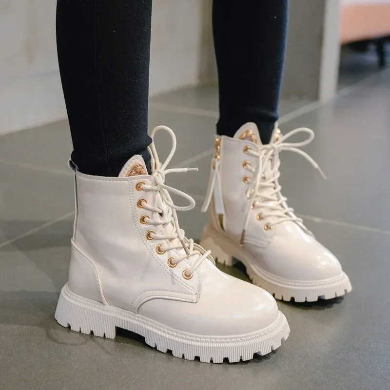 

2023 Autumn and Winter New Versatile Children Fashion Leather Boots White Black Chic Girls Elegant Ankle Boots 27-37 for Catwalk