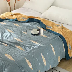 Reversible Cotton Gauze Blanket Lightweight 5-Layer Muslin Throw with Fish Pattern Breathable Soft Bedspread Nautical Home Decor