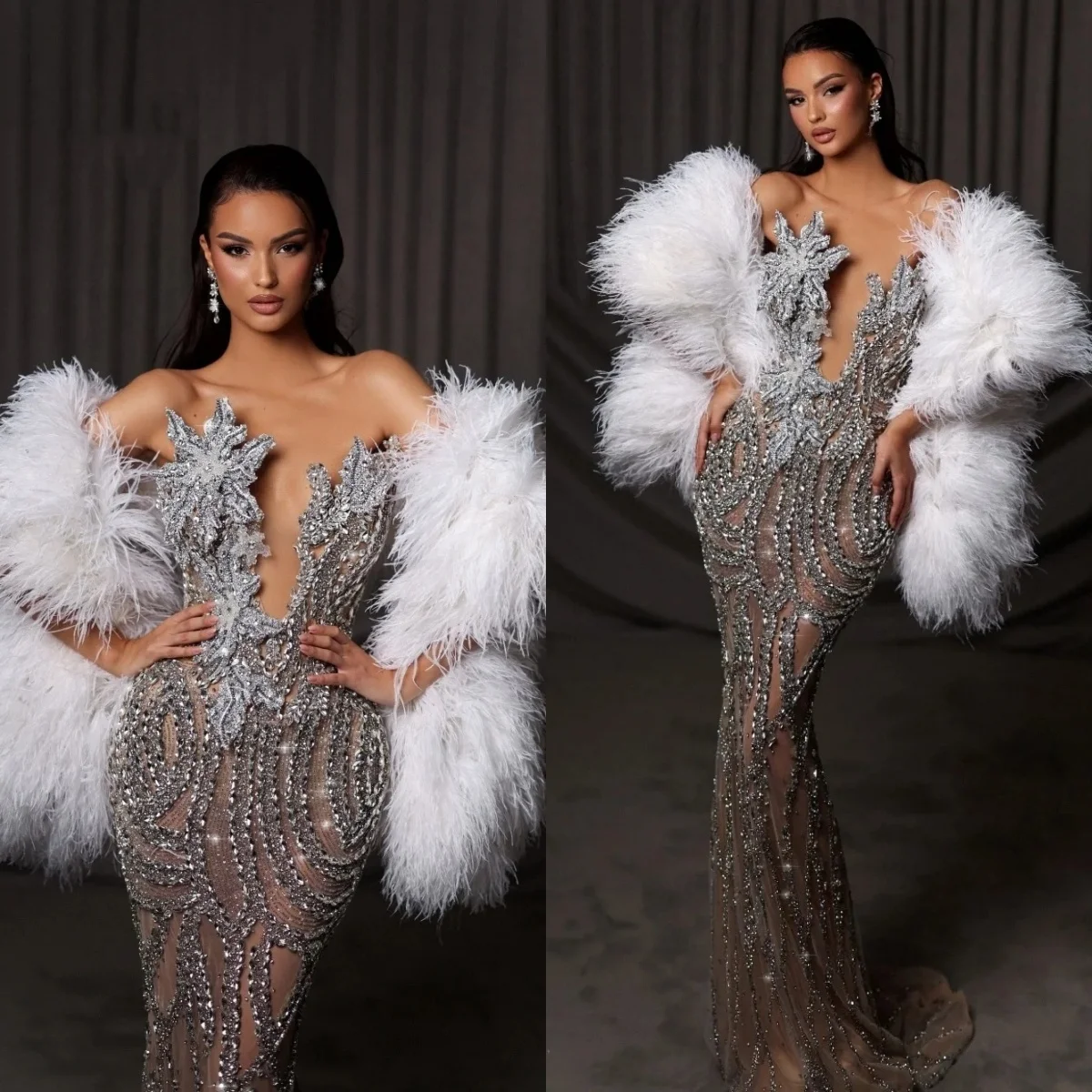 Luxury Strapless Wedding Dresses Feather Crystal Bridal Gowns Sleeveless See Through Mermaid Customized Vestidos De Novia