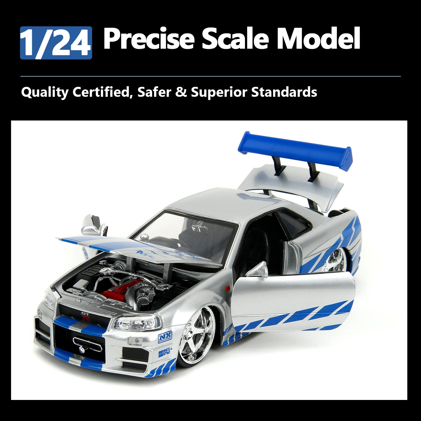 JADA 1:24 패스트 앤 퓨리어스 닛산 스카이라인 GT-R R34 다이캐스트 모델 - 아이코닉한 실버 & 블루 스카이라인 (도어 개폐 가능) JD97158