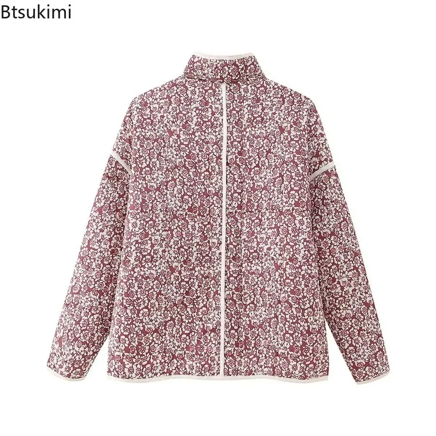 Jaket wanita katun lengan panjang, jaket mantel hangat kasual wanita, mantel kardigan lengan panjang, kerah berdiri, jaket parka katun motif bunga Vintage, 2024