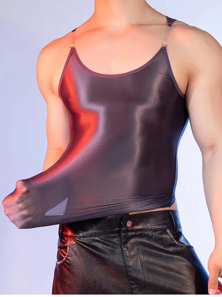 Fashion Spaghetti Strap Tank Tops Sheer Transparent Oil Shiny Men\'s Vest Man Clothing Night Club High Elastic Sleeveless Shirt