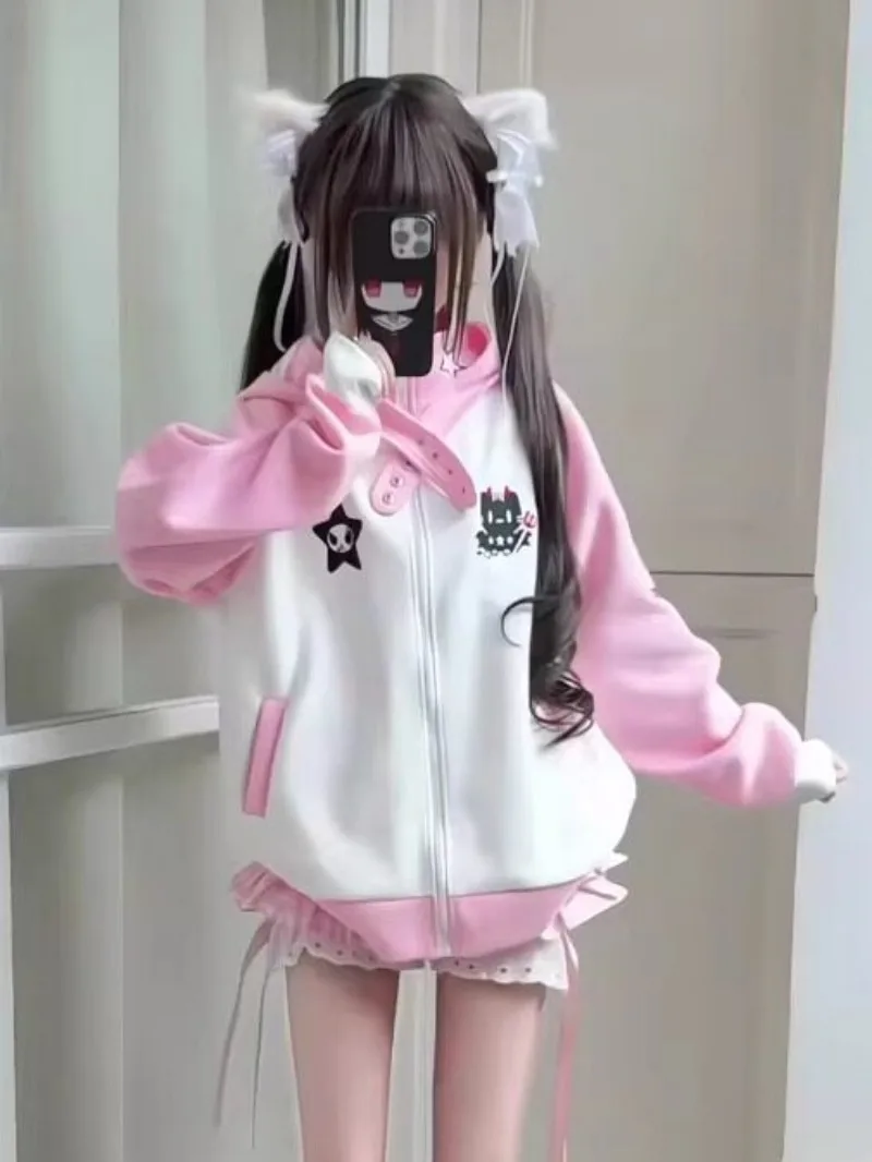 Cute Devil Cat Funny Graphic Hoodies Y2K Harajuku Gothic Women Zipper Jacket Kawaii Ear Hooded Coats Spring Fall Gothic Clothing
