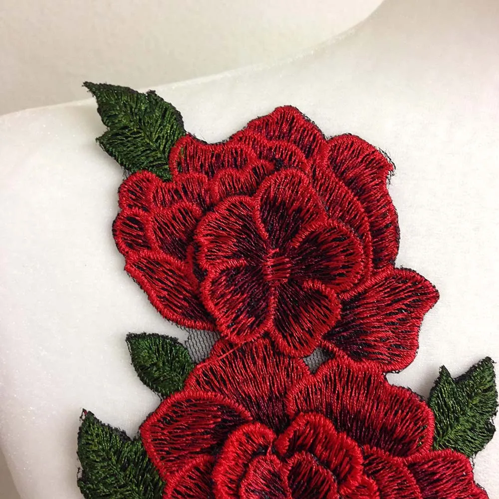 1 Pair Red Embroidery Rose Flower Sew On Patch Dress Hat Bag Jeans Applique Crafts Clothing Accessories 23*12CM