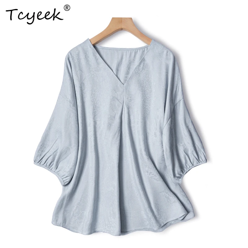 

Tcyeek 100% Real Mulberry Silk Spring Summer V-neck Off Shoulder Seven Quarter Sleeve Solid Color Women's Shirts Женская Одежда