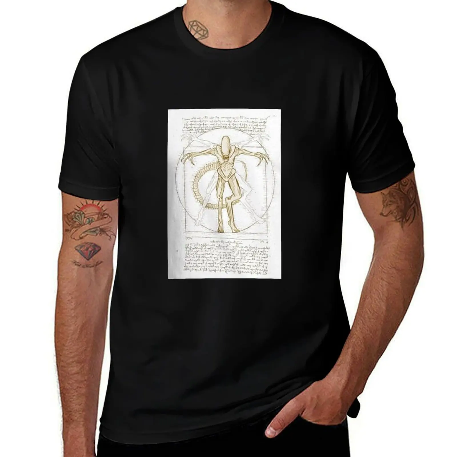 Vitruvian Xenomorph: Alien and Da Vinci in Perfect Harmony T-Shirt Active Sports Short Sleeve Cotton Shirt T-Shirt