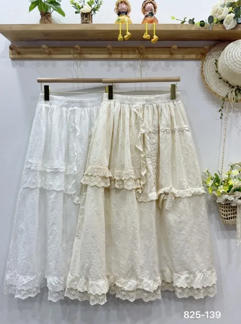 

2025 Mori Girl Style Lolita Midi Skirt Women Vintage Embroidery Lace Floral Bow Ruffles Long Skirts Prairie Chic Party Skirt