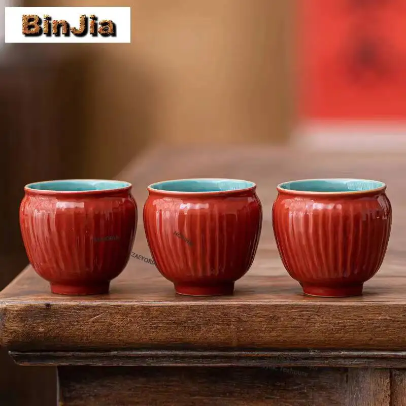 2pc/lot Palace Museum Red Vertical Pattern Bundle Mouth Teacup Luxury Tea Bowl Mug Smelling Cup Chazhan Master Cups Cafes 50ml