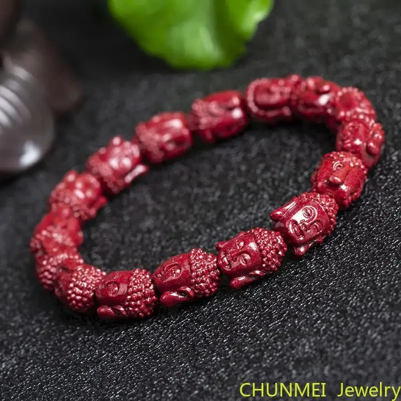 Pulsera de Cabeza de Buda de cinabrio Natural, hecha a mano, garantía anual de 96% de alto contenido