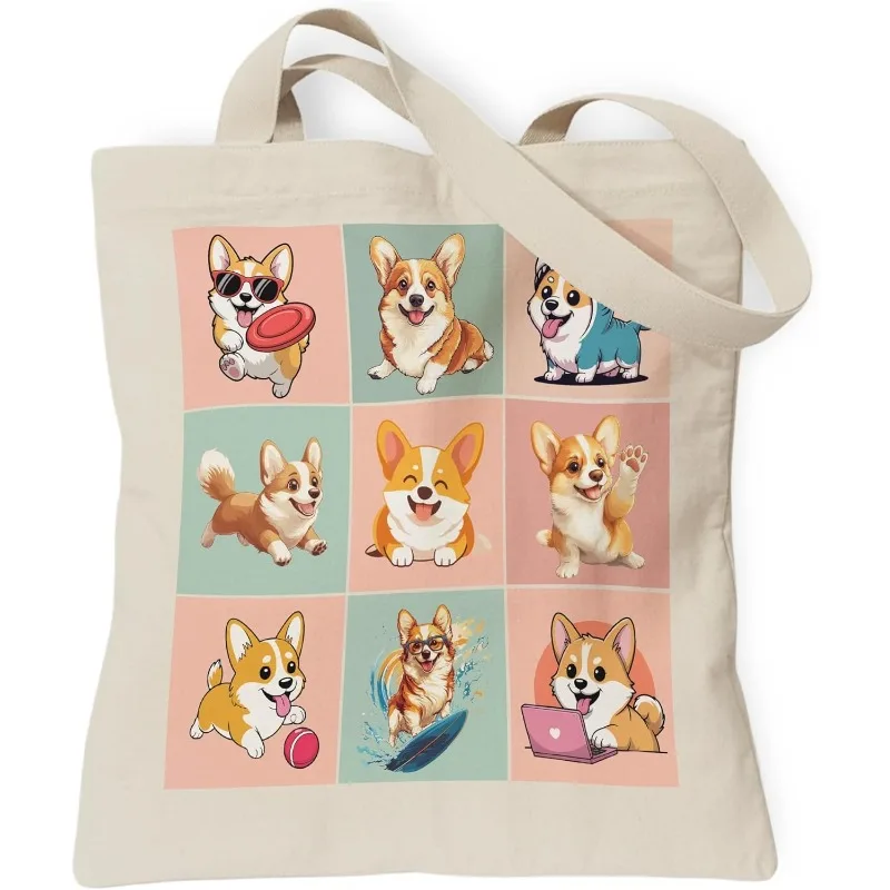 

Cute Cartoon Corgi Print Canvas Bag 9 Grid Playful Dog Casual Tote Bag Reusable Daily Shopping Travel School Bag for Women