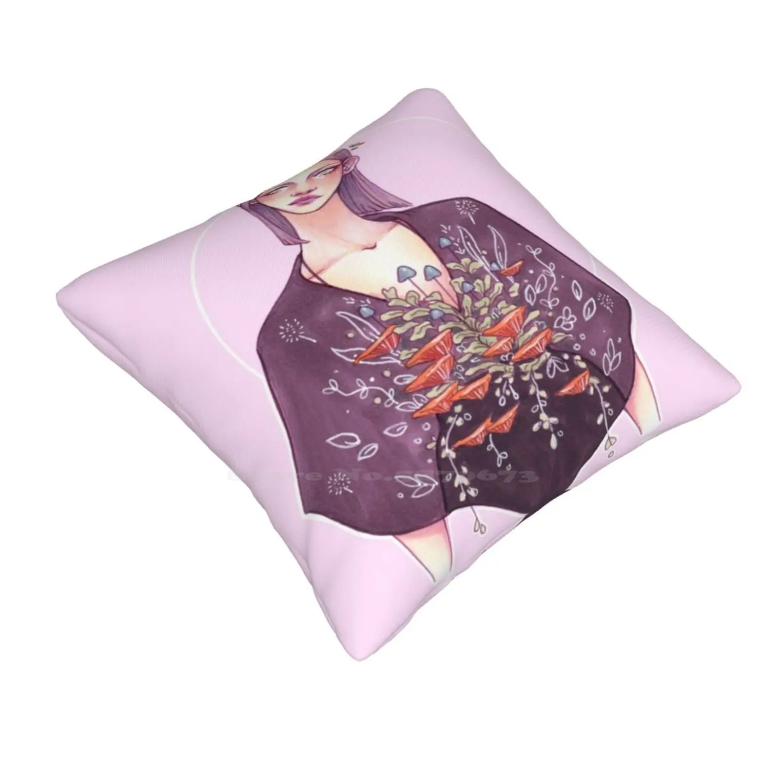 Symbiosis Throw Cushion Pillow Cover Symbiosis Surrealism Nature Plant Life Mushrooms Foliage Leaf Pastel Colors