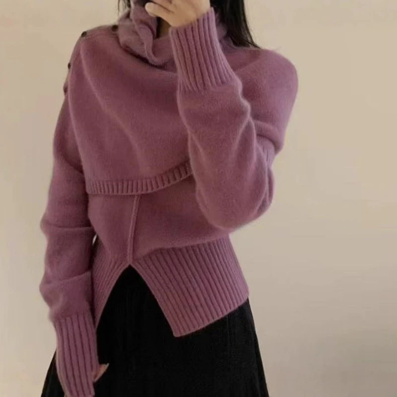 Korean style women high-end temperament high neck button shawl+fashionable round neck warm and gentle casual sweater set