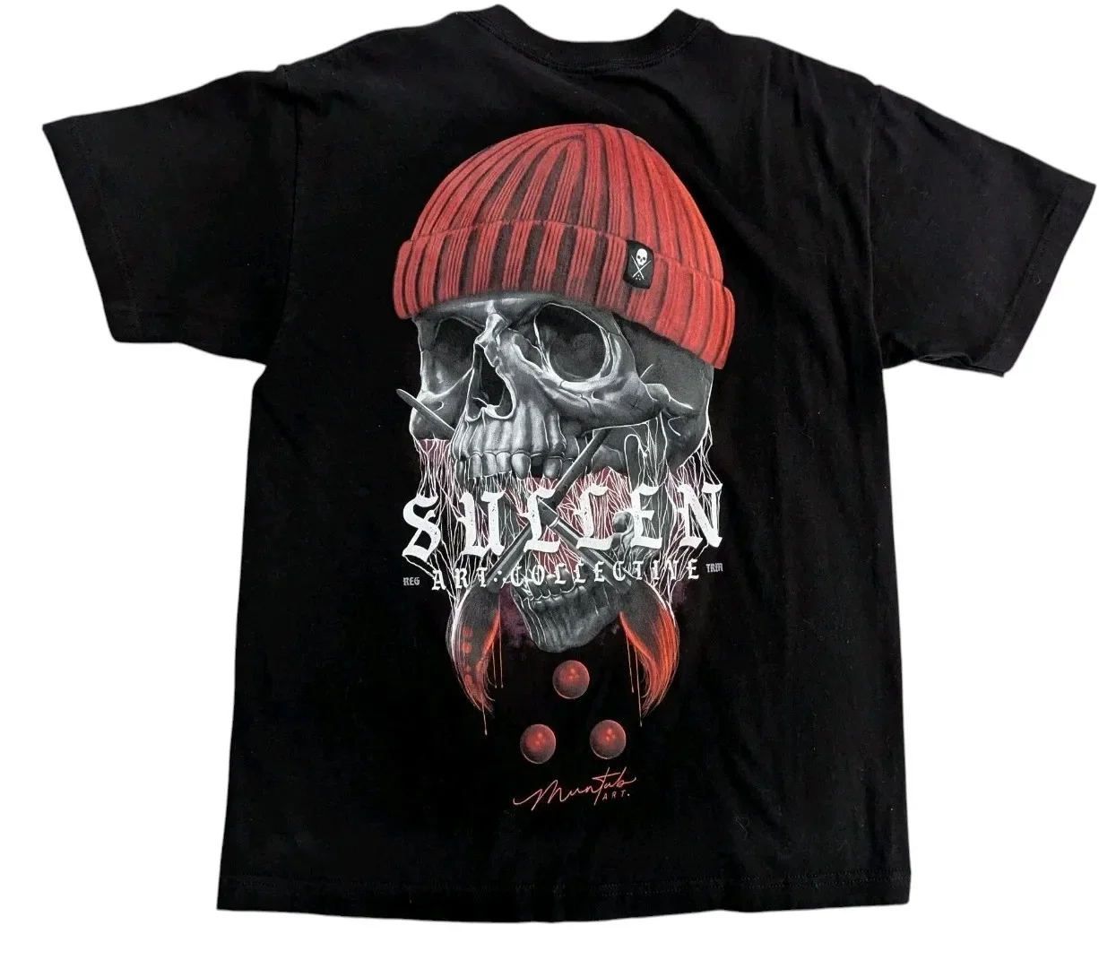 Sullen Men's Red Head Short Sleeve T-shirt Skull In Beanie Tattoo Art Tee Medium