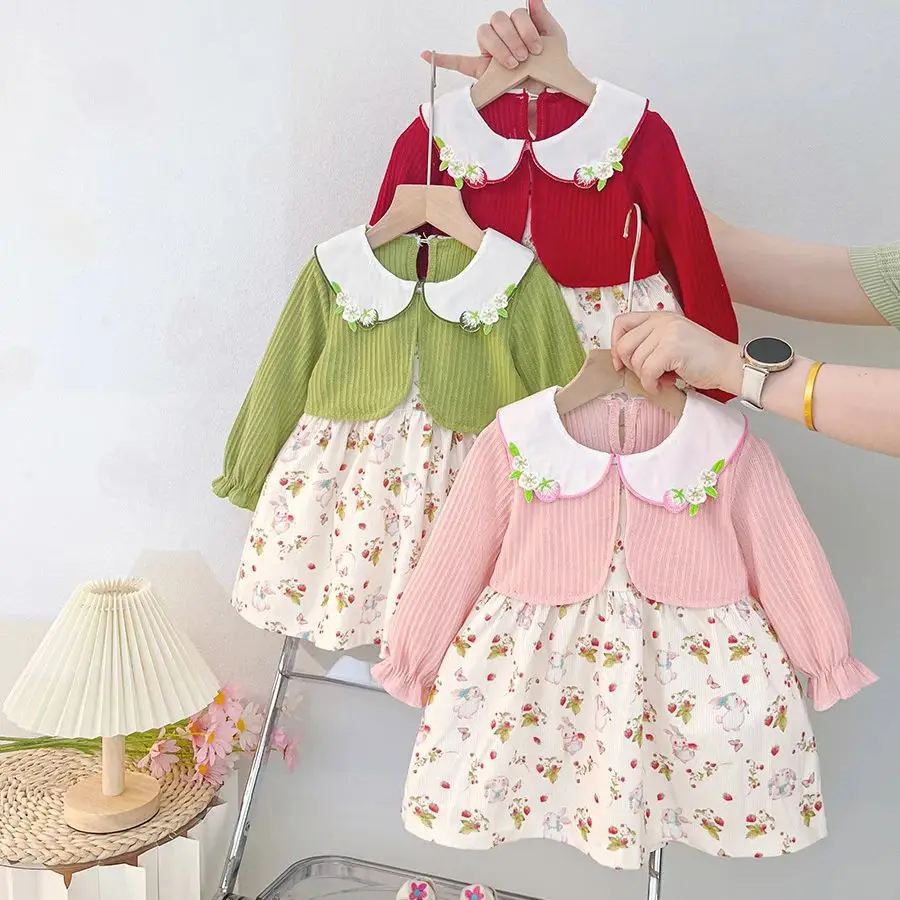 

Autumn Long Sleeved Dress for Baby Girls Cute Cartoon Print Doll Collar Casual Outfit for Kids Girls