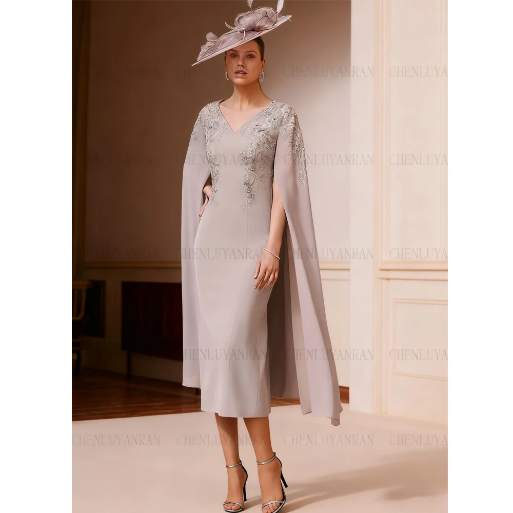 

Sheath Satin Mother of the Bride Dresses 2025 V-neck Applique Sexy Wedding Guest Gowns Long Sleeve Dress Women For Wedding Party
