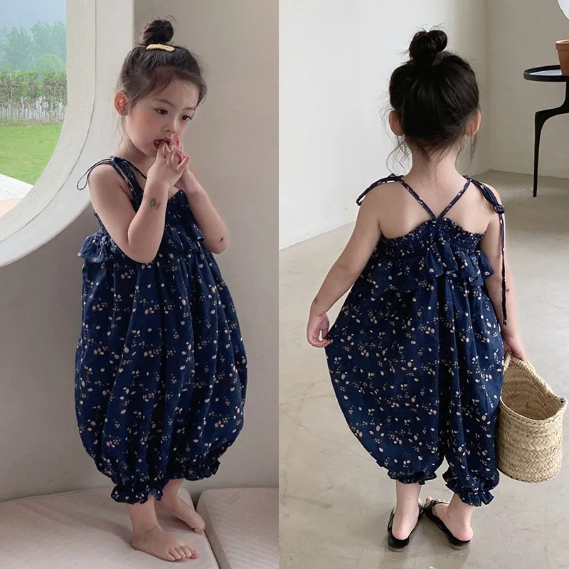 Girls Summer Casual Floral Cotton Overall Pant Holiday Style Baby Kids Children Jumpsuit Trousers 3-8Years Children Bodysuit