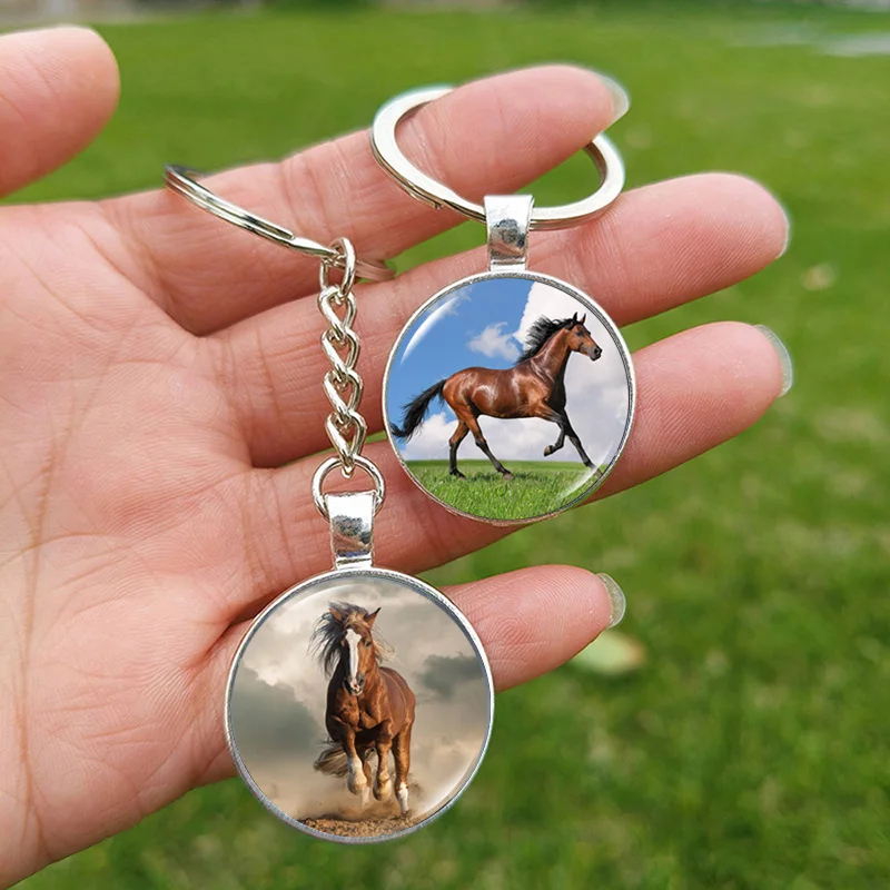 New Horse Keychain for Men Women Horses Glass Picture Handmade Silver Plated Keyring Animal Jewelry