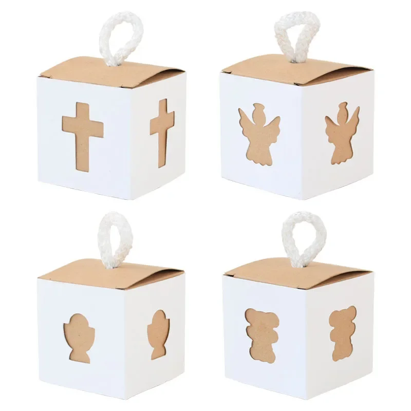 50pcs European angel bear Holy Grail cross retro kraft paper square box candy packaging wedding candy box wj105