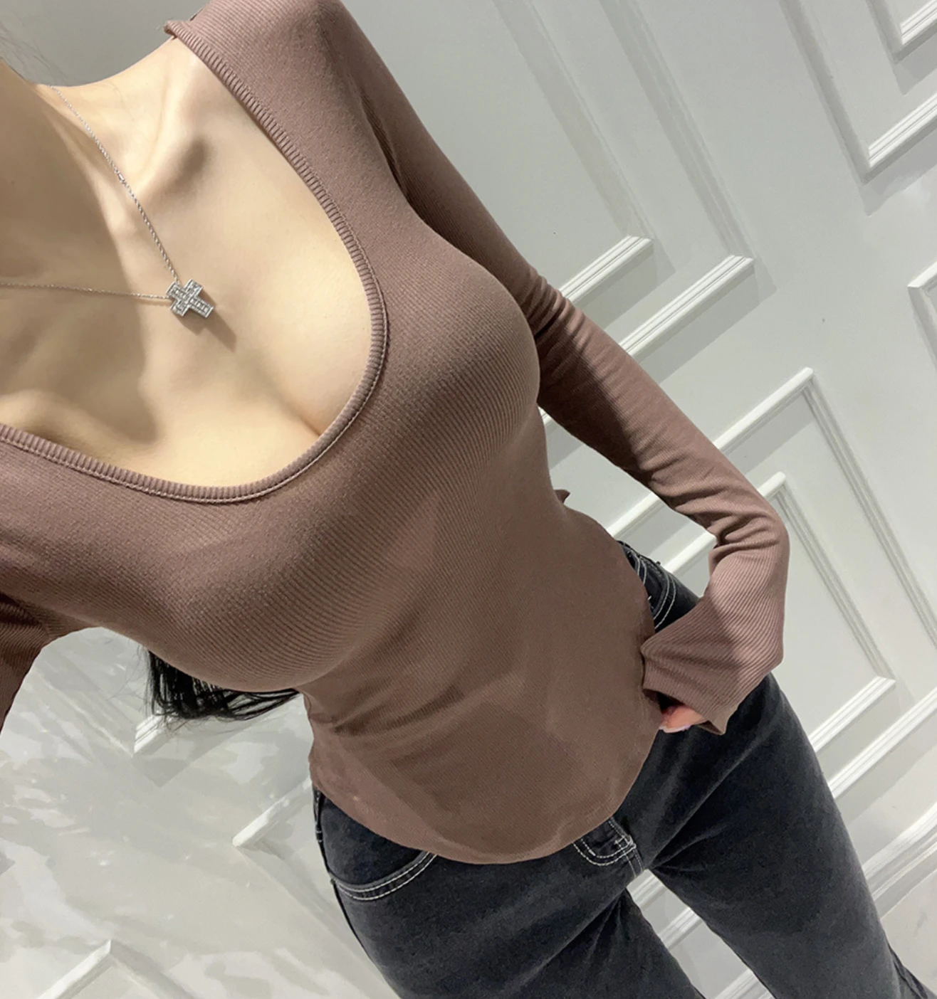Slimming Long Sleeve U-Neck Base Shirt Women's Fashion Cotton Polyester Blend Commute Style Autumn Top Sexy Chic Hidden Layer