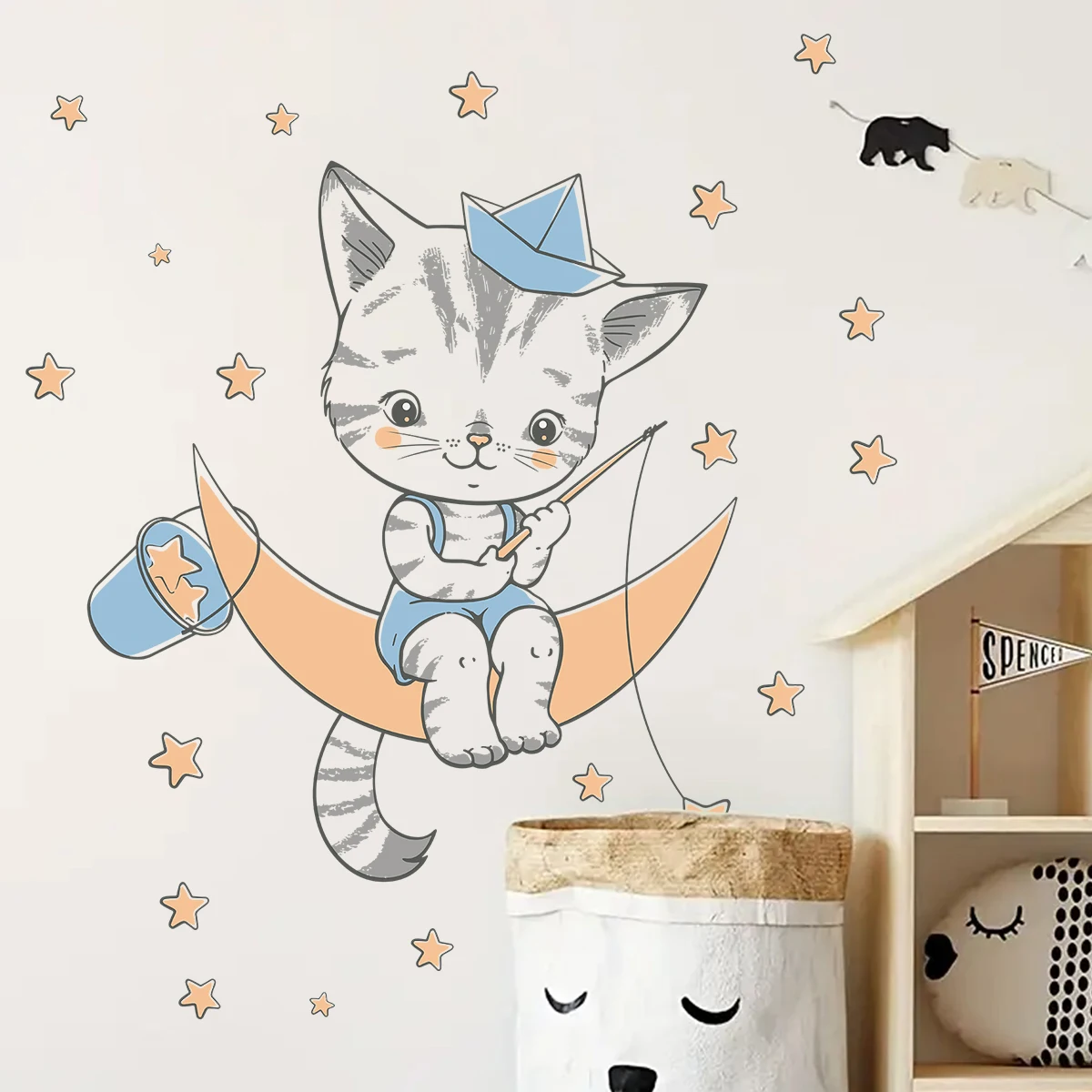 1Pc Cartoon Animal Star Moon Cat Rabbit Bear Wall Stickers for Kids Bedroom Children Room Decoration Living Room Decor for House