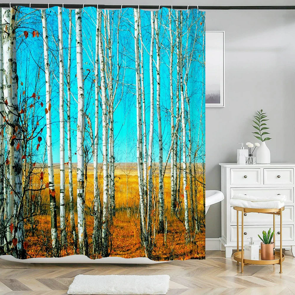 Birch Tree Forest Forest Natural Scenery Shower Curtain Bathroom Bathtub Decoration Polyester Waterproof Bath Curtain Home Decor