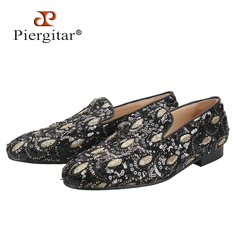 Piergitar Handmade Customized Black And Gold Sequins Cloth Slip-On Loafers Breathable Genuine Leather Lining Men's Casual Shoes