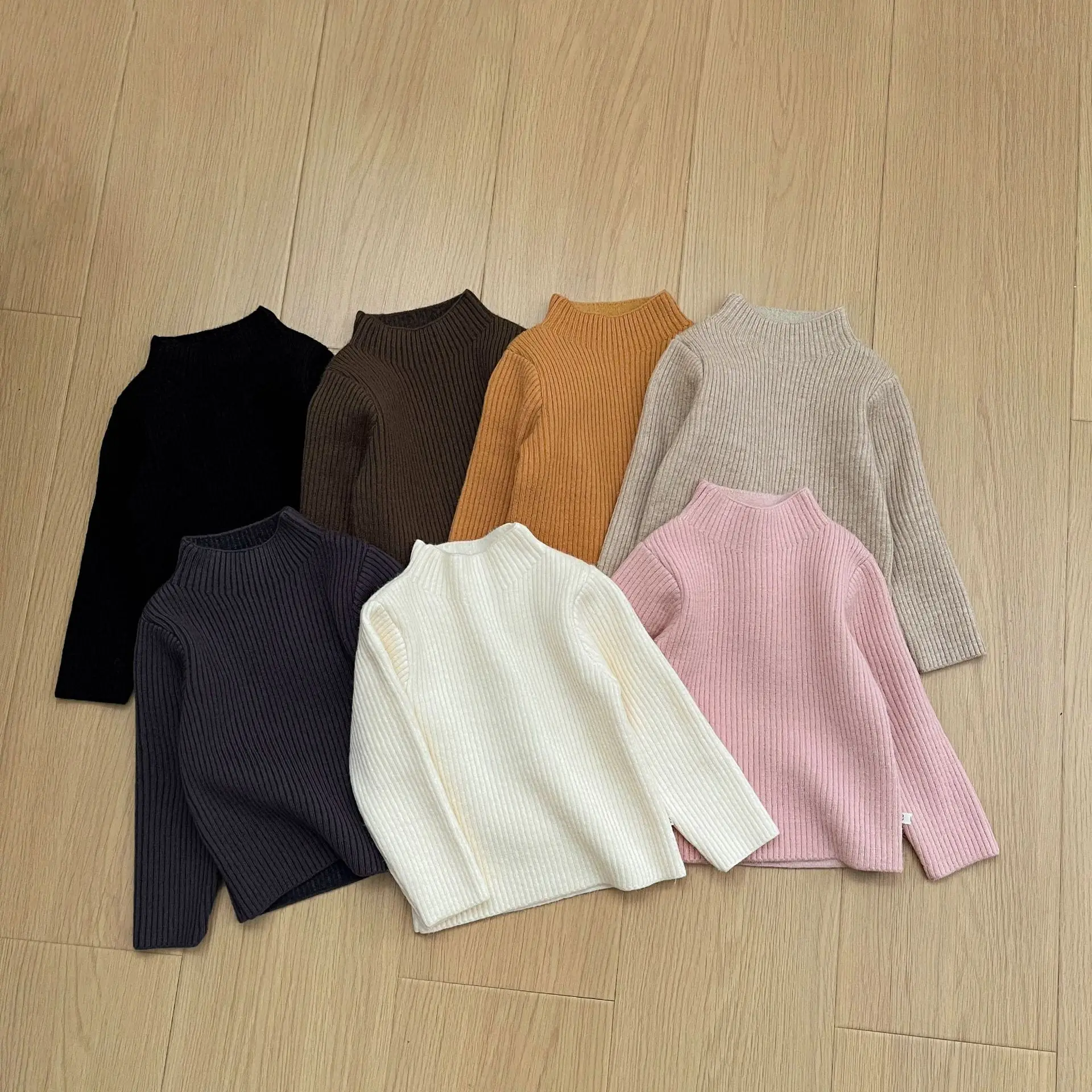 Children's Autumn and Winter Knitted New Baby Winter with Plush Semi High Neck Simple Base Versatile Sweater