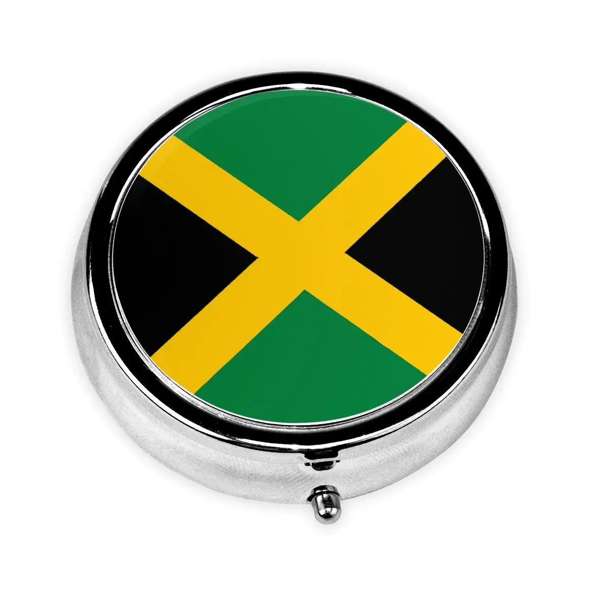 

Изготовленная на заказ круглая коробка для таблеток с флагом Ямайки, патриотизм, небольшой контейнер для таблеток с 3 отделениями, аптечка, диспенсер