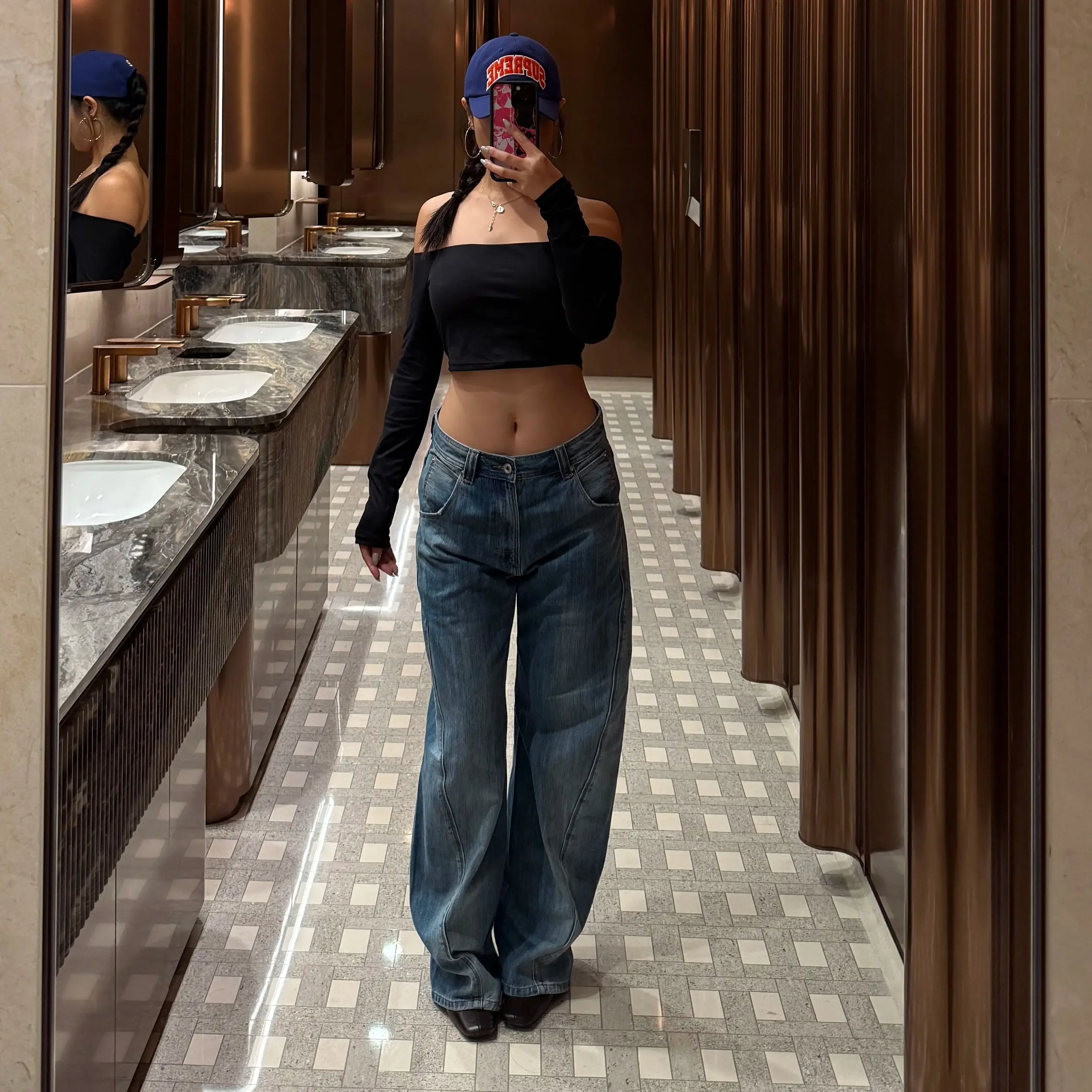 Girls' Retro American-Style Jeans, Mid-Low Waist Design, Loose Wide-Leg, Height-Enhancing, Washed Blue Jeans, Paris Buckle Adjustable Three-Dimensional Arc-Shaped Trousers