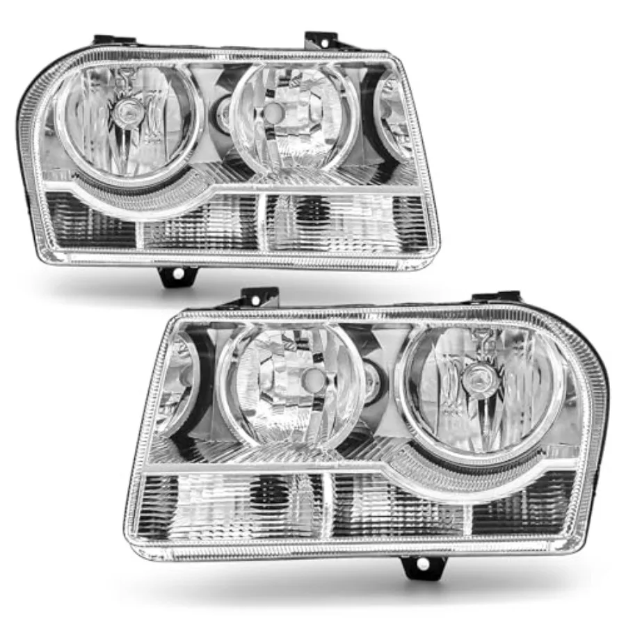 

Headlight Assembly for 2005-2010 Chrysler 300 Driver and Passenger Side Chrome Housing Clear Lens with LED Light Upgrade