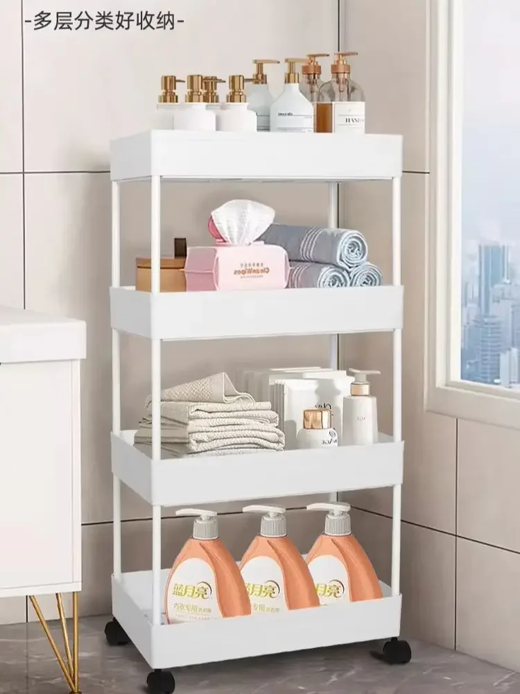 yes3-Tier Slim Mobile Shelving Unit Plastic Trolley Rack Floor Storage Racks for Kitchen Bathroom Laundry Room Narrow Places