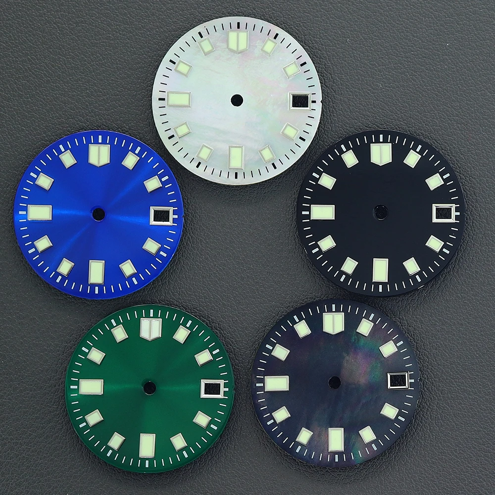 28.5mm Black/White Mother of Pearl Watch Dial For Mod Tuna Mouth NH35 NH36 Movement Face Date Window Green Luminous Watch Dial