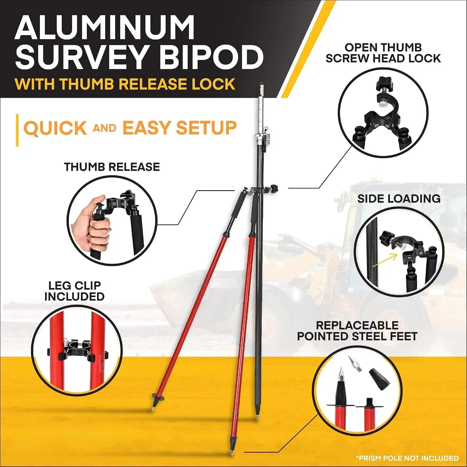 Heavy Duty Aluminum Surveying Bipod with Thumb Release, Adjustable Prism Pole Bipod for GPS Poles, GNSS Receivers & Survey Prism