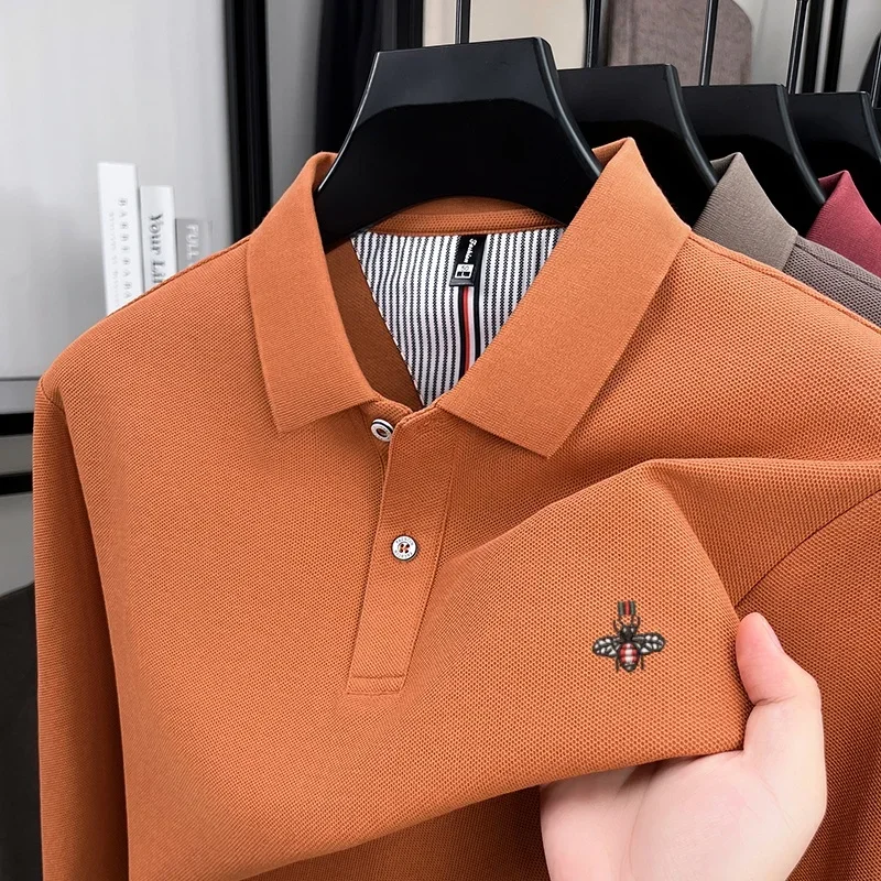 

100% cotton high-end spring and autumn new men's long sleeved casual comfortable polo shirt exquisite brand bee embroidery top