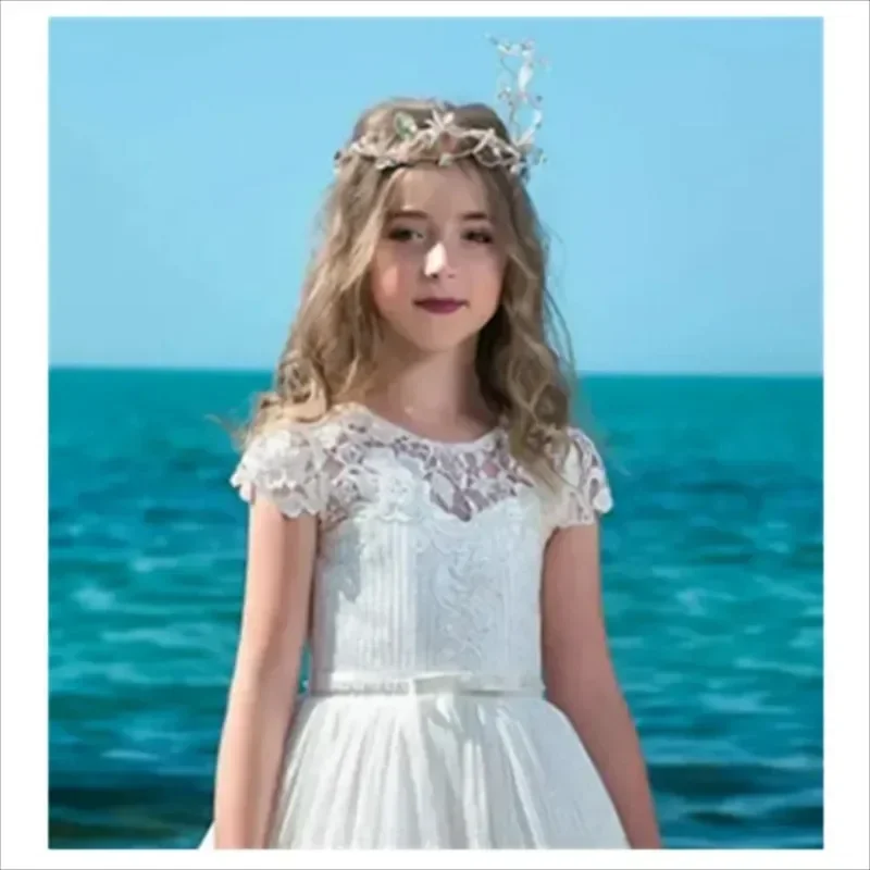 Vestido de encaje blanco para niña de flores, calcomanía con lazo, manga corta, Princesa, vestido de graduación para boda, fiesta de cumpleaños, vestido de noche