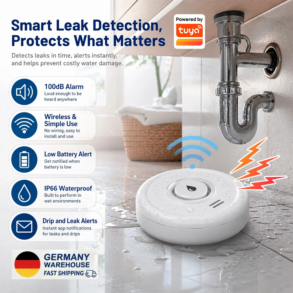 KERUI WLAN-Wasserleckalarm-Detektor Kompatibel mit Tuya 100dB Wasser- und Leckagesensor für Haussicherheit und -schutz