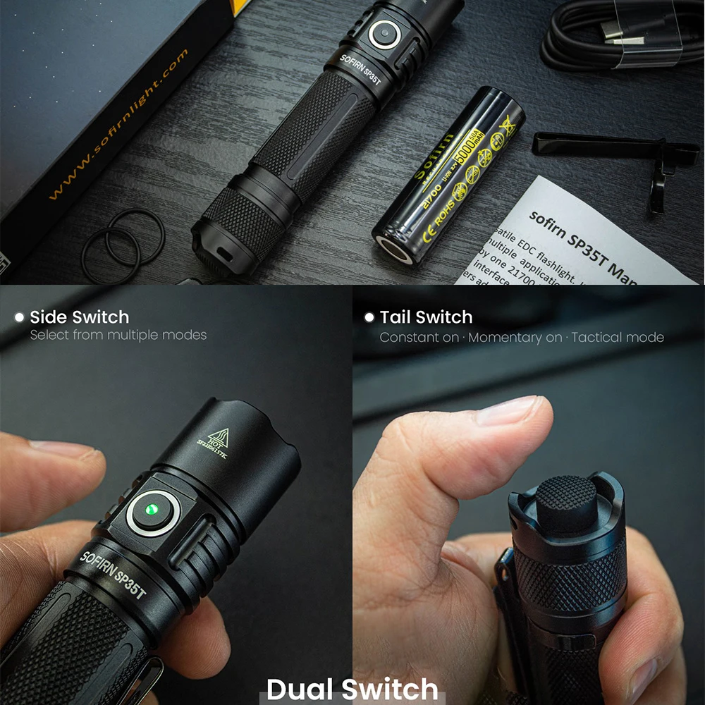 Sofirn SP35T senter taktis 21700, Senter LED kuat USB C dapat diisi ulang dengan indikator daya saklar ganda ATR