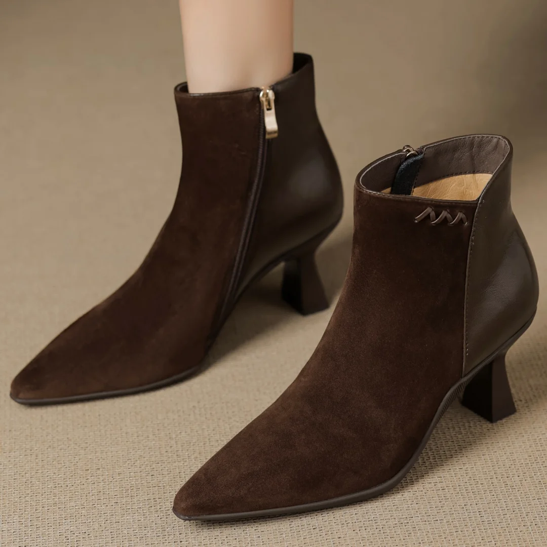 

Women's genuine leather patchwork pointed toe side zip autumn ankle boots elegant ladies 7cm thin high heel dress short booties