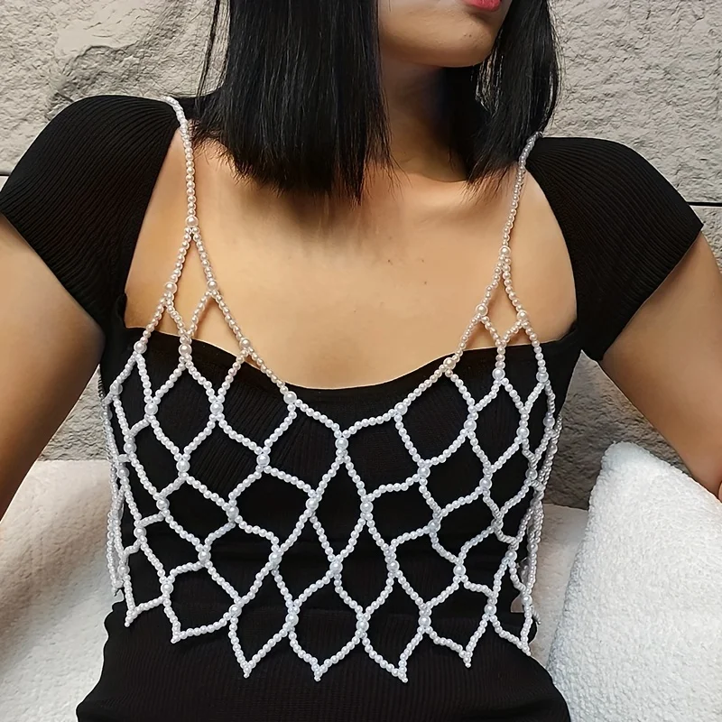 Handmade Braided Hollow Out Chest Chain Faux Pearls/ Faux Crystal Beads Body Chain Jewelry Decor Lingerie Decoration Chain