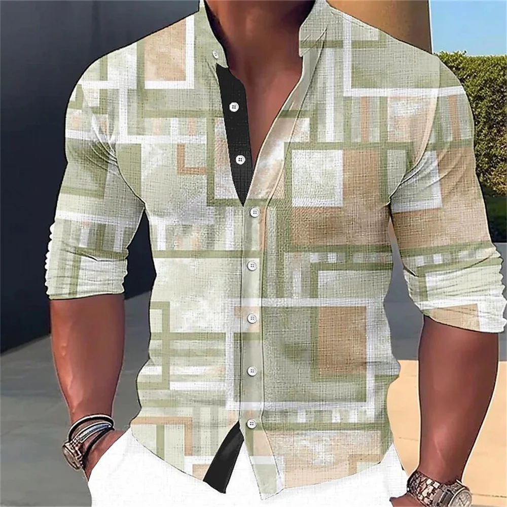 Men's New Stand up Collar Solid Color Shirt Square Pattern Printed Button Long sleeved Shirt Street Outdoor Casual Men's Top