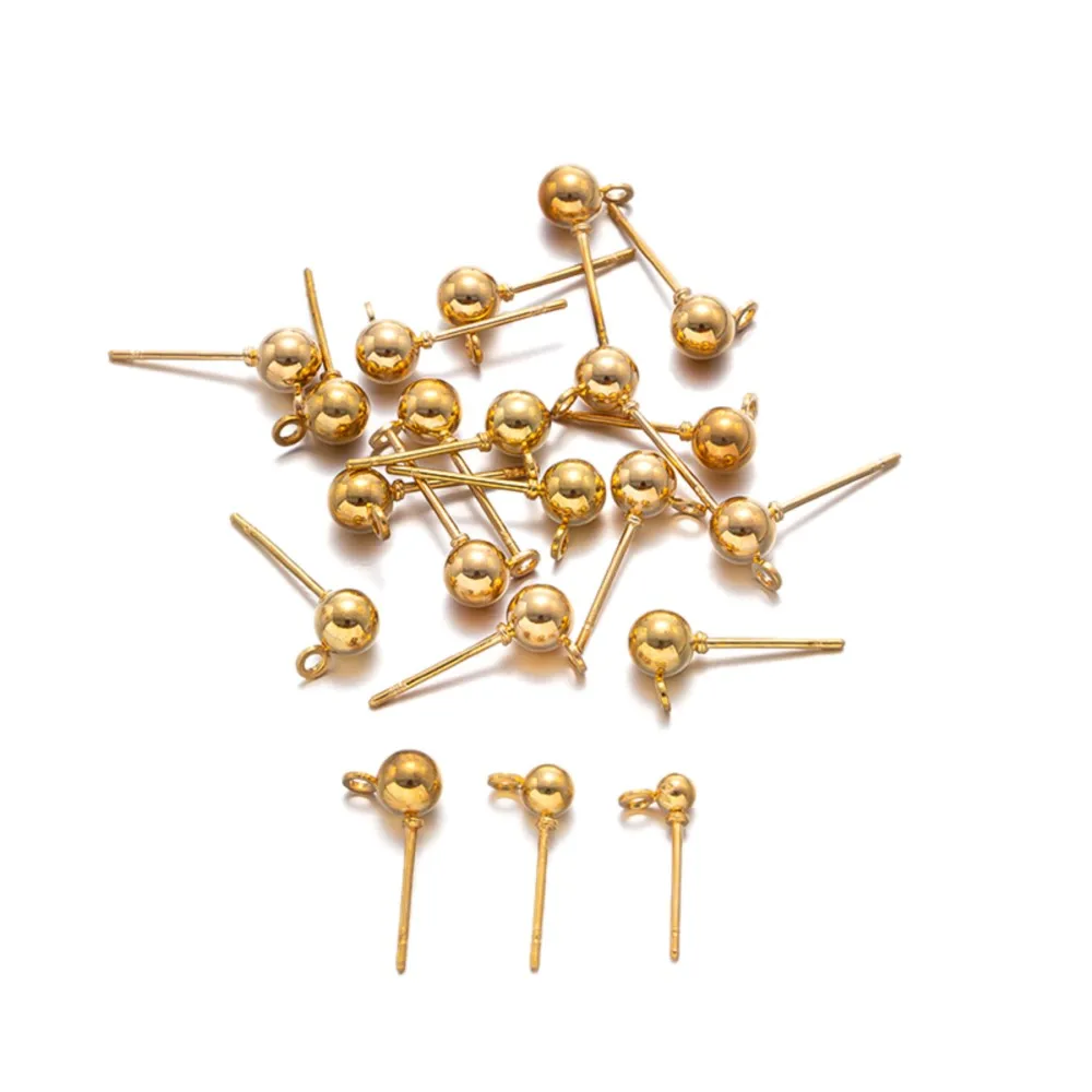 50Pcs 3/4/5mm Gold Silver Eearring Pin with Hole Ball Ear Hook With Sling Needle For DIY Jewelry Making Findings Accessories