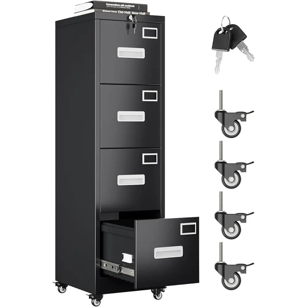 

4 Der ile Cabinet with Wheels, Lockable Metal iling Cabinet with Name Card or Oice and Home,Assembly Required,Black