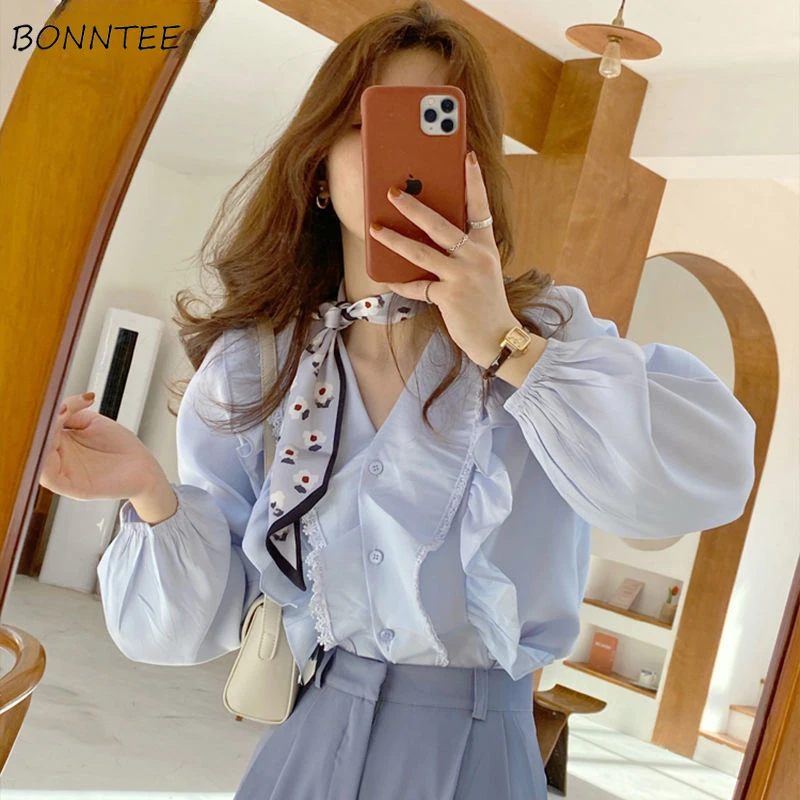 

Shirts Women Autumn All-match Lace Tender Loose Elegant Breathable Feminine Fashion Casual Tunic Aesthetic Comfortable V-neck