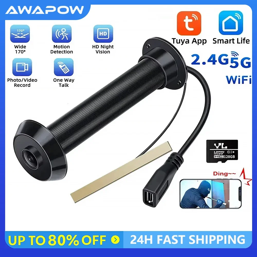 Awapow Tuya visionneuse de judas de porte sonnette vidéo Wifi intelligente 2.4G/5G Mini caméra 170 °   Vision nocturne angulaire Détection de mouvement 1080P