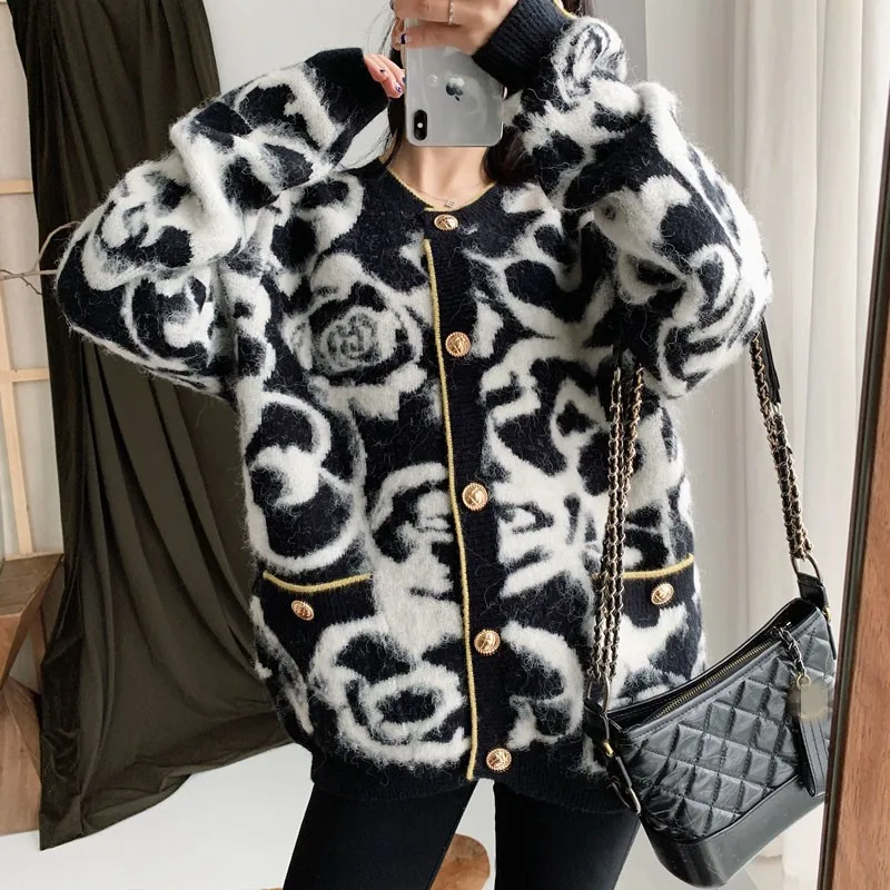 Frauen Stricken Strickjacke Jacke Elegante Warme Langarm Pullover Herbst Winter Streetwear Blume Einreiher Lose Pullover
