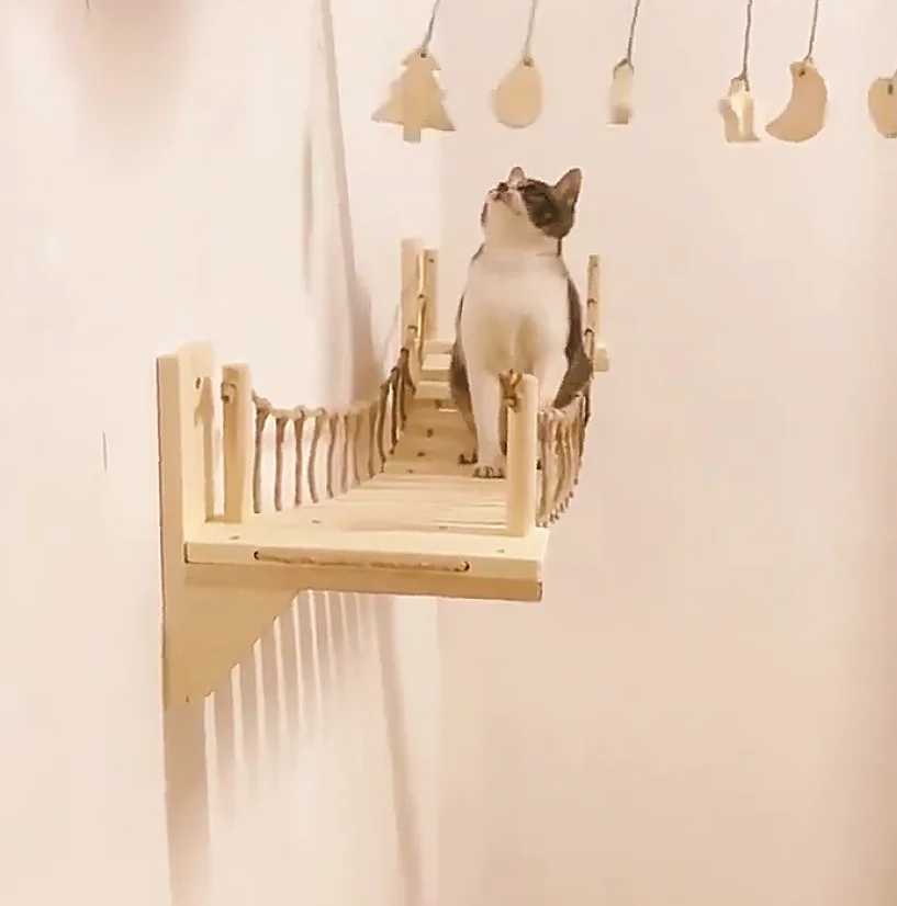 Solid Wood Cat Tree with Suspended Bridge Wall-Mounted Cat Tree Frame For Kittens Adult Cats and All Sizes